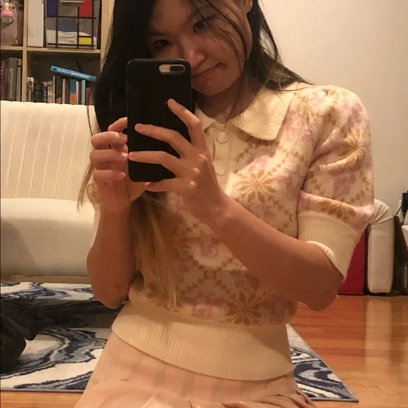 🐮 Cow Pattern Polo Mohair-like Sweater Pink and Cream - Picture 3 of 7